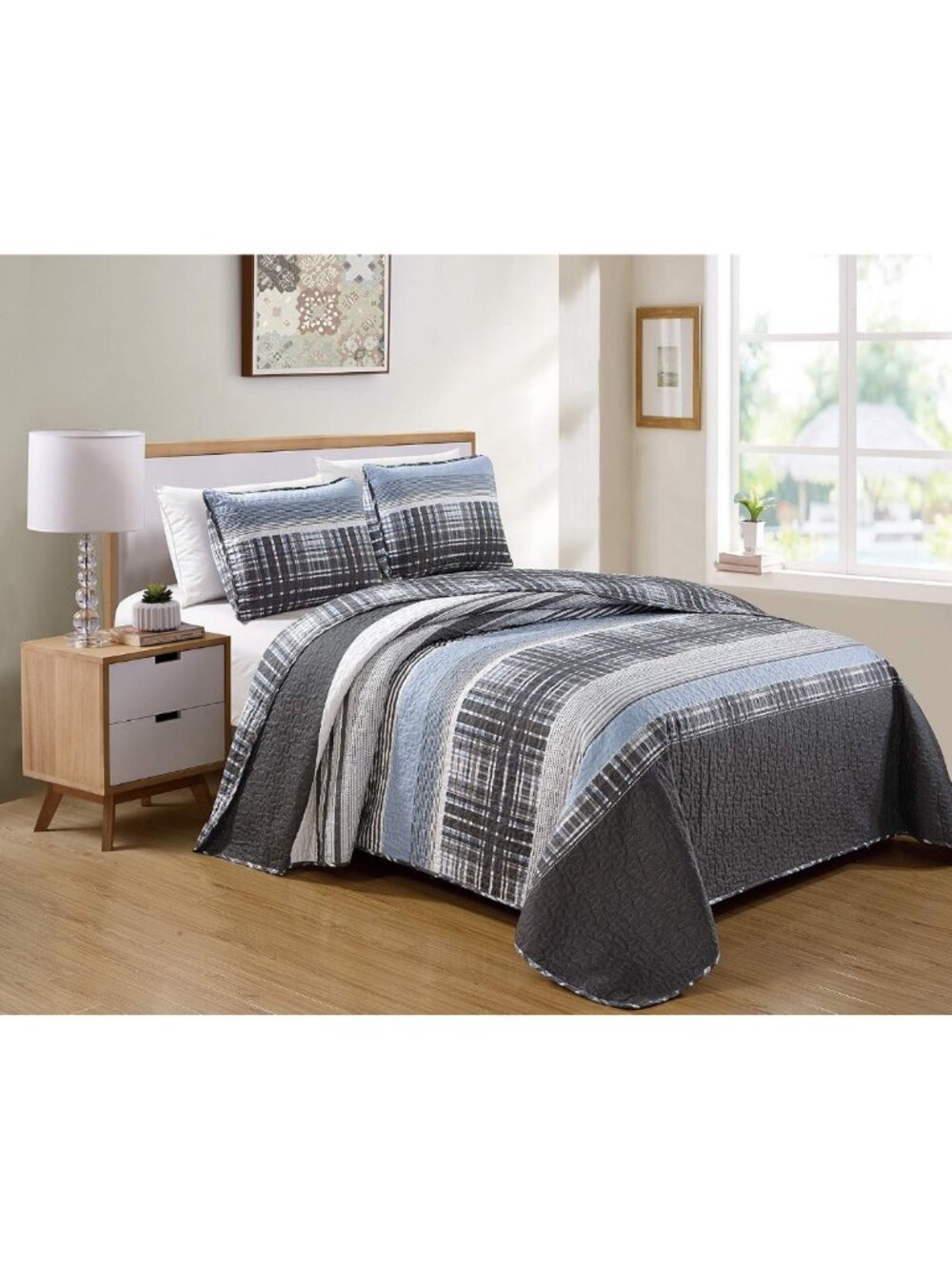 3 Piece King/California King Quilted Reversible Coverlet Set - Modern Plaid Blue